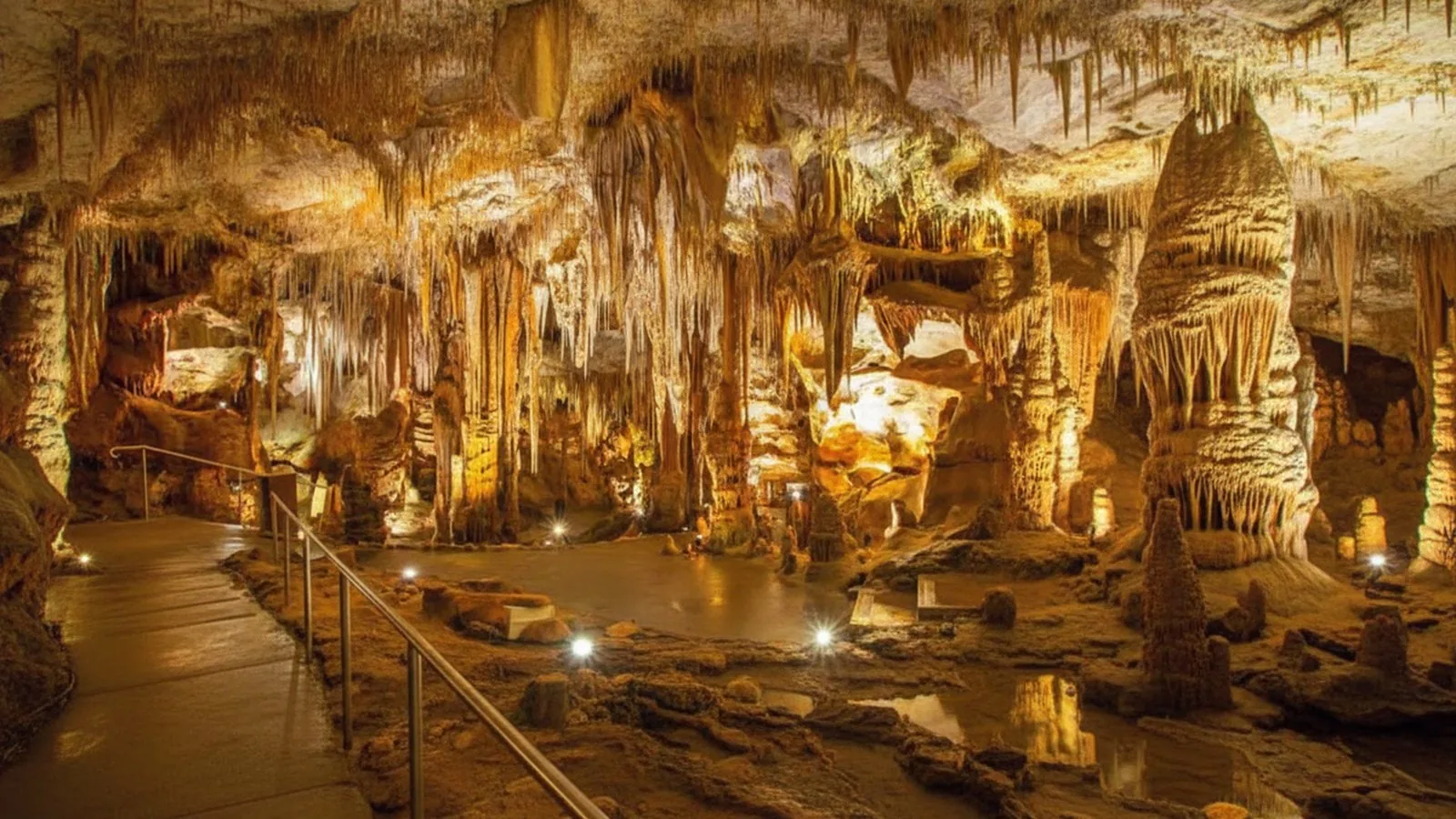 Stalattiti e concrezioni illuminate all'interno delle Grotte di Castellana