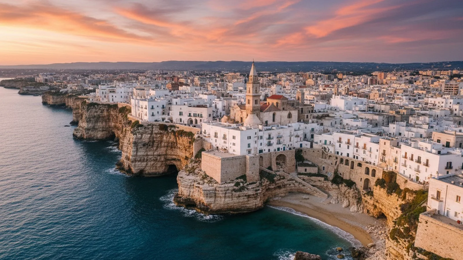Monopoli al tramonto, con il centro storico affacciato sulla costa